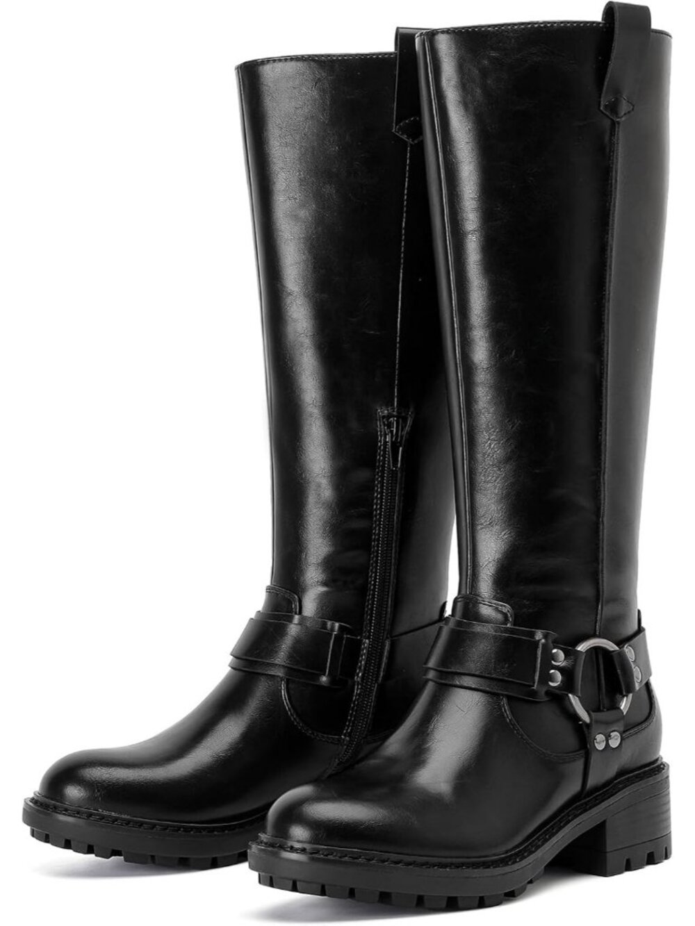 Women's Black Pu Knee High Boots Faux Leather Riding Fashion Boots Round Toe
